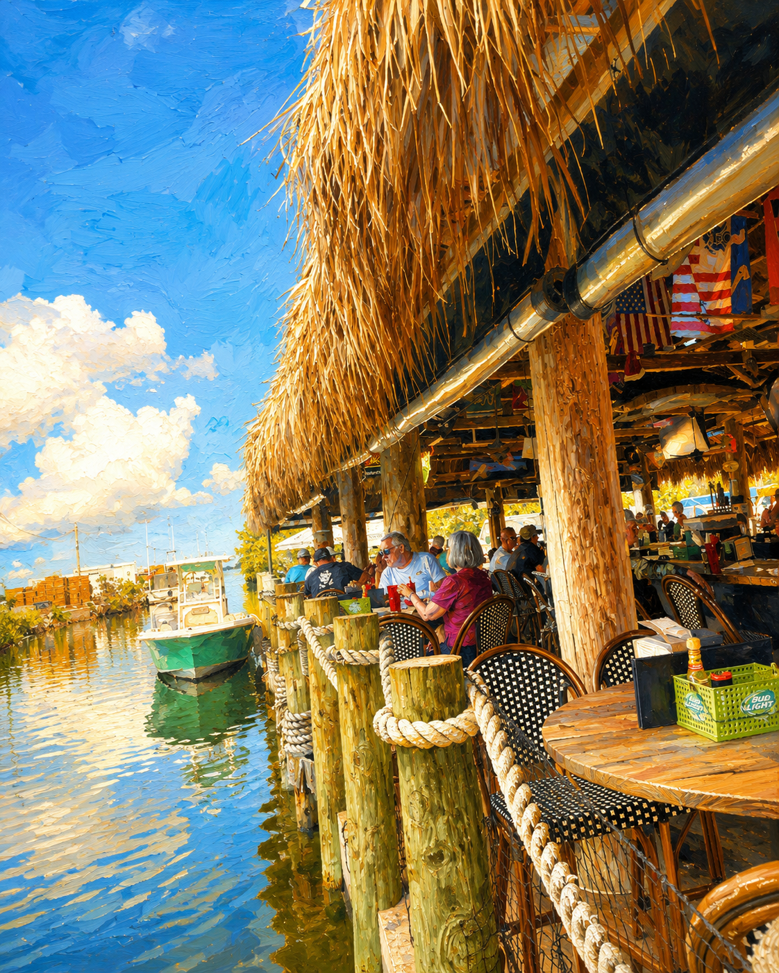 Waterfront dock and tiki bar at Tonio's Seafood Shack, Summerland Key
